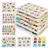 GRINNNIE Wooden Peg Puzzle for Toddlers, 6 Pack Toddler Puzzles Set for 3 4 5 Years Old (Alphabet Number Shape Animal Dinosaur Vehicle), Preschool Education Learning Puzzle Toys for Girls and Boys