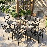 VOYSIGN 7 Piece Outdoor Patio Dining Sets, 60" Rectangular Metal Dining Table with Umbrella Hole & 6 Stackable Metal Chairs, Weather Resistant Garden Furniture Set for Backyard, Deck, Porch
