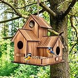 GLOPHOK Bird Houses for Outside, Outdoor 3-Hole Large Birdhouse Bird Feeder for Bluebirds, Finches, Cardinals and Yellow Finches, Wooden Hanging Edible Wild Bird Nest Garden Decorative