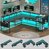 SEDETA L Shaped Gaming Desk, Reversible Computer Desk, Gaming Desk with Power Outlets & LED Strip, Monitor Shelf, Keyboard Tray, Pegboard and Storage Shelves for Home Office, Black