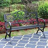 MFSTUDIO 50 Inches Outdoor Garden Bench, Cast Iron Metal Frame Patio Park Bench with Floral Pattern Backrest, Arch Legs for Porch Lawn Garden Yard(Black)