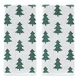 SKL Home Christmas/Winter Holiday Trees 100% Cotton Premium 2-Piece Hand Towel Set, 500 GSM, Reversible Jacquard, Soft & Absorbent, Decorative for Bath/Kitchen/Bar & Gift, Green/White