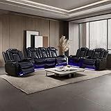 AYCP Furniture Power Recliner Set with LED Lights, Air Leather Reclining Set with USB Port/Wireless Charger/Storage Console/Cup Holder for House/HomeTheater/Apt (Black, Sofa Loveseat Chair)