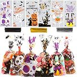 DIYASY 180 Pack Halloween Cellophane Treat Bags, Plastic Goodie Candy Bag for Kids Clear Goody Snack Bags Bulk Party Favors with 210 Twist Ties