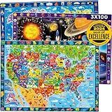 QUOKKA 100 Piece Puzzles for Kids Ages 4-6 - 3 Set Kids Puzzles Ages 6-8 - Learning Map of The United States World Space - Educational Games for 5-8 Years - Toys for 3 Year Old Boys and Girls