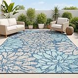 JONATHAN Y Floral Textured Weave Indoor Outdoor Area Rug 8X10 Navy/Aqua, Zinnia Modern for Backyard, Patio, Porch, Easy-Cleaning, High Traffic, Pet-Friendly, Non-Shedding (SMB110C-8)