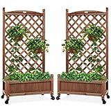 Best Choice Products Set of 2 48in Wood Planter Box & Diamond Lattice Trellis, Mobile Outdoor Raised Garden Bed for Climbing Plants w/Drainage Holes, Optional Wheels - Walnut