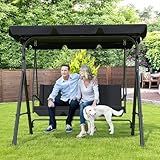 3-Seat Patio Swing Chair,Outdoor Porch Swing with Adjustable Canopy and Durable Steel Frame for Patio, Garden, Poolside (Black)