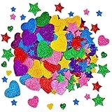 260 Pieces Colorful Glitter Foam Stickers Self Adhesive Stars Mini Heart Shapes Glitter Stickers, Arts Craft Supplies for Greeting Cards Home Decoration Stars&Heart Shapes