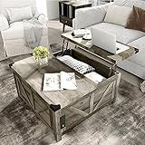 jimeimen Farmhouse Lift Top Coffee Table with Storage, Wood Square Center Table with Charging Station&USB Port, Living Room Table w/Large Hidden Space, for Living Room, Bedroom, Home Office, Grey