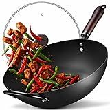 Wok, 13 Inch carbon steel woks & stir-fry pans nonstick, Pre-Seasoned 5.8QT Flat Bottom Chinese Wok Paella Pan with lid, Carbon Steel Cookware, Compatible with All Cooktops