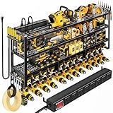 POKIPO 49.5" W Large Power Tool Organizer Wall Mount with Charging Station, 4 Tier Heavy Duty 12 Cordless Drills Holder Load 800 lb, Tool Battery Storage Rack Built in 8 Outlet Power Strip for Garage