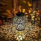 EXCMARK 2 Pack Outdoor Solar Hanging Lantern Lights Metal LED Decorative Lamp for Garden Patio Courtyard Lawn and Table with Hollowed-Out Design (Black)