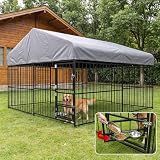 Roomark Dog Kennel Outdoor Enclosure with Roof, 10x10x7 FT Heavy Duty Outside Dog Run with Adjustable Rotating Bowls for Yard, Medium Large Dogs