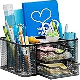 Marbrasse Mesh Desk Organizer, Pen Organizer with 2 Drawer, Multi-Functional Pencil Holder, Desk Organizers and Accessories with 5 Compartments + Drawer for Office Art Supplies (Black)