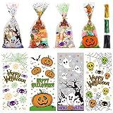 STEFORD Halloween Cellophane Bags,200PCS Clear Candy Cookie Treat Bags with 400 Piece Twist Ties for Halloween Party Favor Supplies