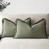 Foindtower Set of 2 Decorative Linen Fringe Lumbar Throw Pillow Covers Boho Farmhouse Cushion Cover with Tassels Soft Accent Pillowcase for Couch Sofa Bed Living Room Home Decor,12×20 Inch,Olive Green