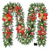 Christmas Garland with Lights, 9FT 30 LED Prelit Christmas Garland for Mantle,Outdoor Indoor Christmas Decorations Garland Battery Operated with Timer, Bows,Flowers,for Stairs,Railing,Fireplace,Door