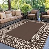 GENIMO Outdoor Rug Waterproof for Patio Decor, 5'x8' Reversible Plastic Straw Rug Carpet, Camping Mat for Outdoor, RV, Backyard, Deck, Balcony, Picnic, Beach, Coffee & Beige