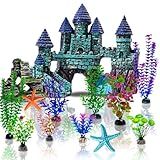 Mechpia 13 Pieces Aquarium Decorations Kit, Fish Tank Decorations Set Small Resin Castle and Rockery Betta Fish Cave Hideout Coral Artificial Plastic Plants Ornament Accessories