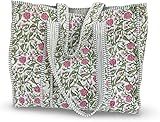 Makarisa Cotton Floral Block Print Tote Bag Handmade Indian Shoulder Bag, Qiulted Market Shopping Bag (1, DN 12)