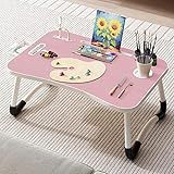 Portable Foldable Laptop Bed Table with 3 Port USB, Storage Drawer and Cup Holder, Laptop Desk Stand Tray for Eating, Reading and Working, Pink