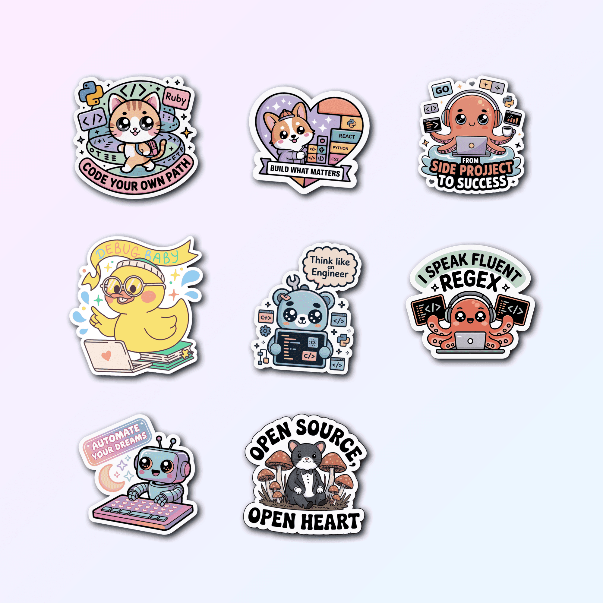 8 Cute Coding Sticker Pack — Premium Vinyl Decals