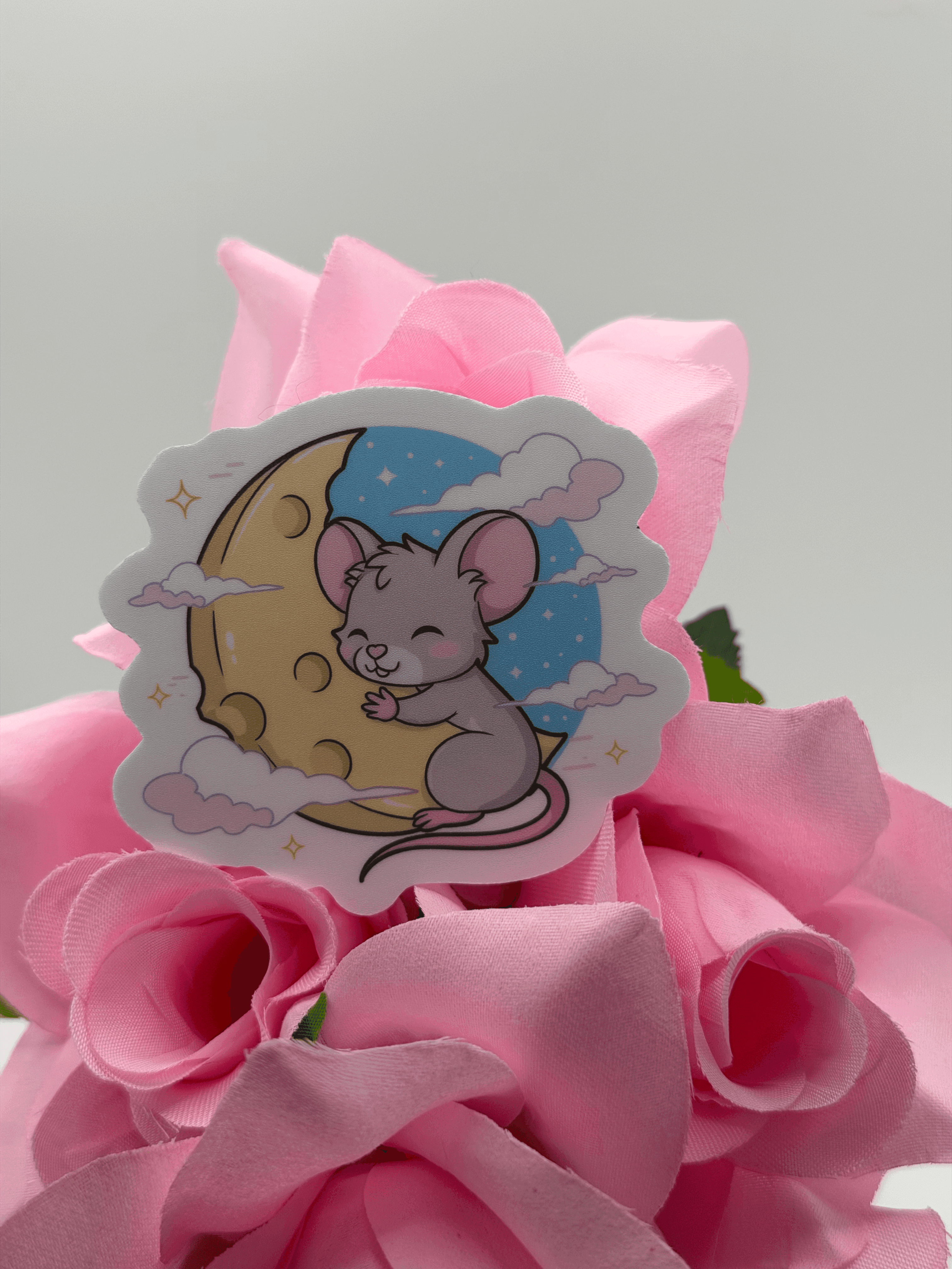 Cute Mouse Hugging Moon Kawaii Vinyl Sticker