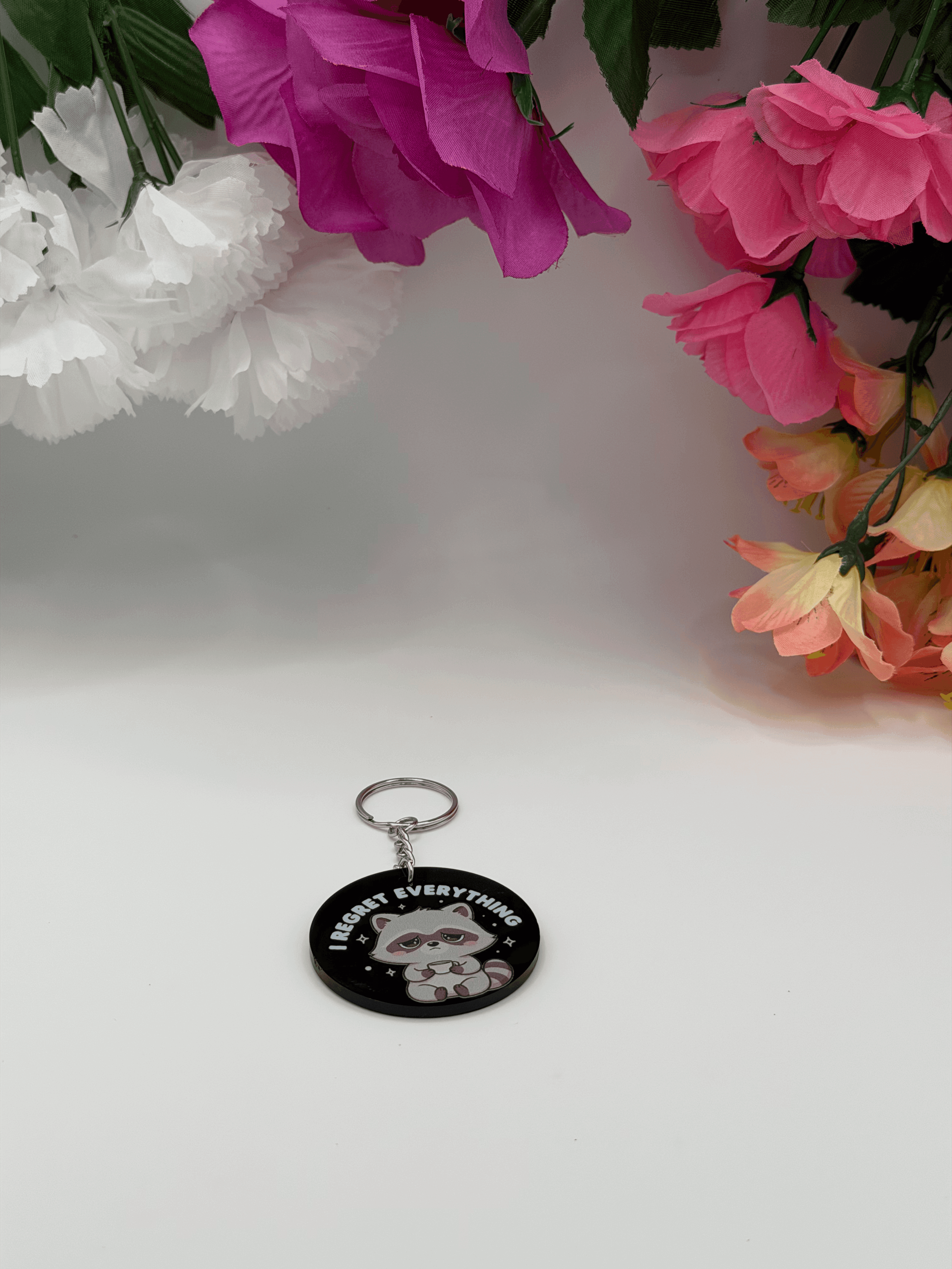 Kawaii Raccoon Acrylic Keychain I Regret Everything