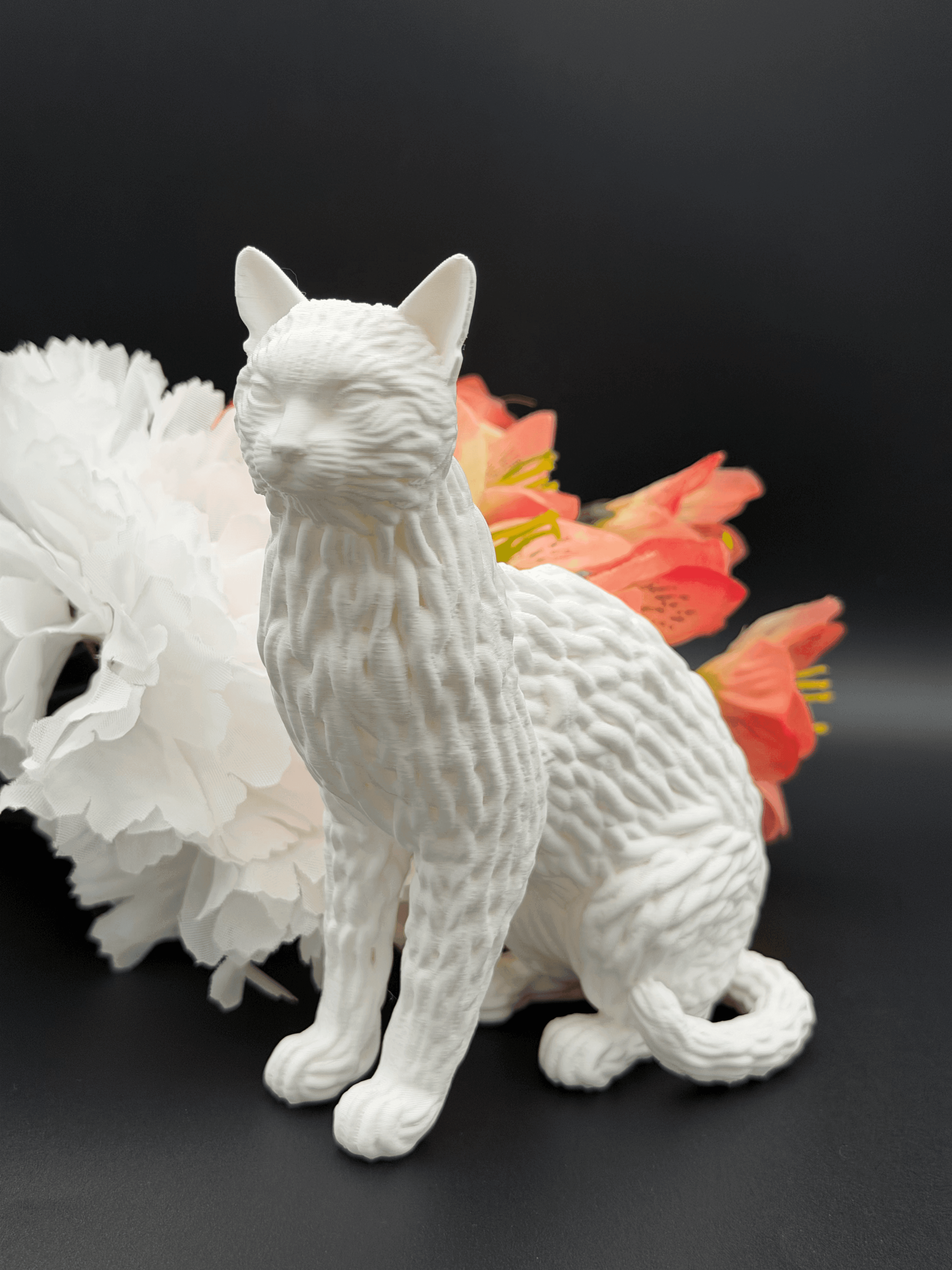 White Woven Cat Figurine – 3D Printed Sculptural Decor, Modern Home Interior Collectible