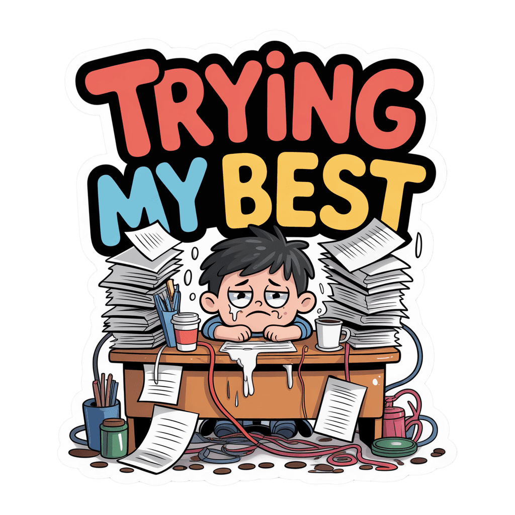 Funny Overworked Desk Cartoon Sticker