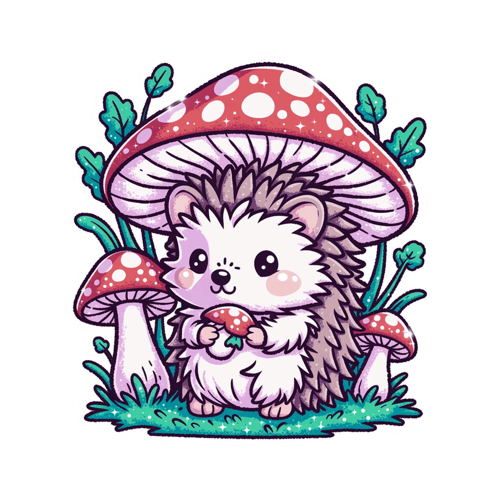 Cute Hedgehog With Mushrooms Kawaii Vinyl Sticker