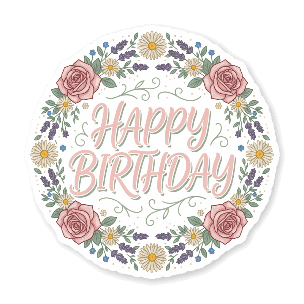 Floral Happy Birthday Round Vinyl Sticker