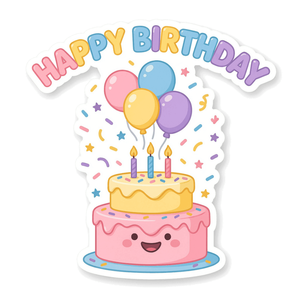 Cute Happy Birthday Cake Balloons Kawaii Vinyl Sticker